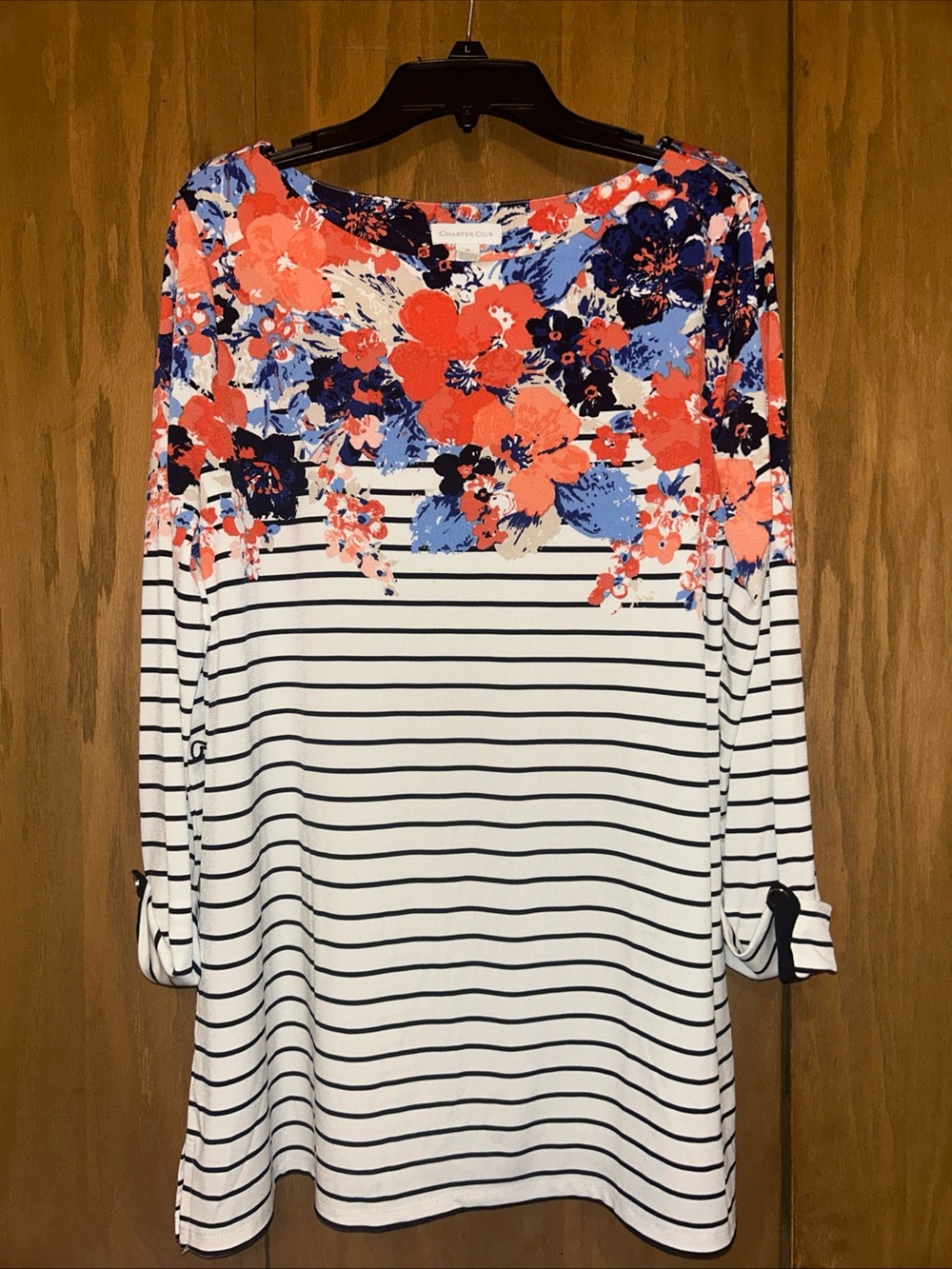 Charter Club Floral   & Stripe Boatneck Tunic Top - Coral, Blue, Navy Medium